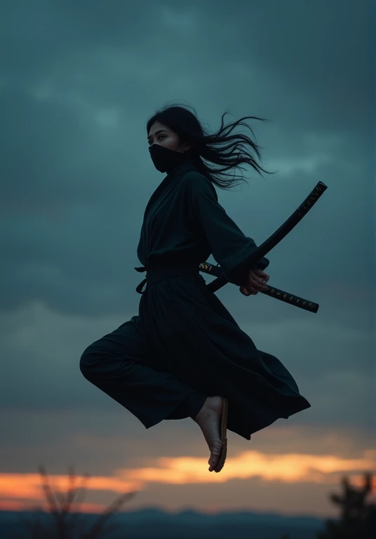 (( perfectly beautiful 20-year-old Japanese female ninja)),  (((Wearing straw sandals ))), (((It's jumping 3 meters higher than the ground))), ( Masterpiece: 1.3), (8k,  by Nomi,  RAW Photo,  top quality: 1.4), sharp eyes, ((( looking at camera))), (((nigh...