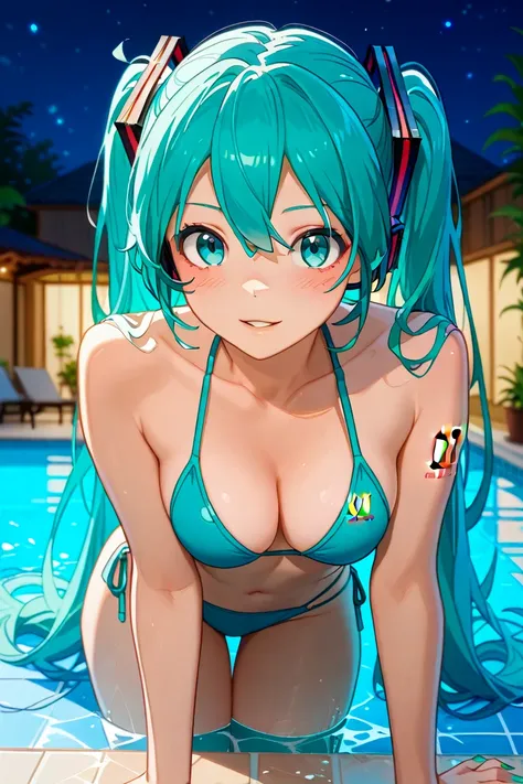     top quality  、    No posts       、     Masterpiece、1 person、woman 、          Hatsune Miku 、   charming face、     turquoise hair    、 twin tails on legs   、    Teal and White Horizontal Stripe Bikinis,         create a perfect body line      、Hot body、 ...