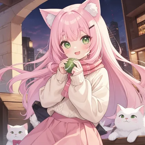 age girl,cat ears,neatly coherent bangs,marrow (eyebrows),Pink hair,green eyes,wears a hairpin shaped like a fish,long hair,Fluffy white scarf,large eyes,long eyelashes,She wears a beige sweater,red skirt,smiling face