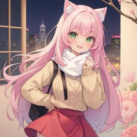 age girl,cat ears,neatly coherent bangs,marrow (eyebrows),Pink hair,green eyes,wears a hairpin shaped like a fish,long hair,Fluffy white scarf,large eyes,long eyelashes,She wears a beige sweater,red skirt,smiling face