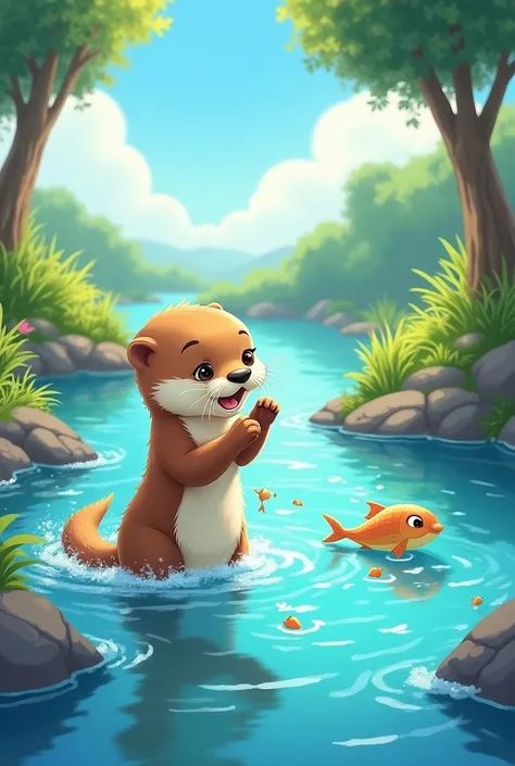 Cute otter catching fish in an animated blue river with a blue sky in the background