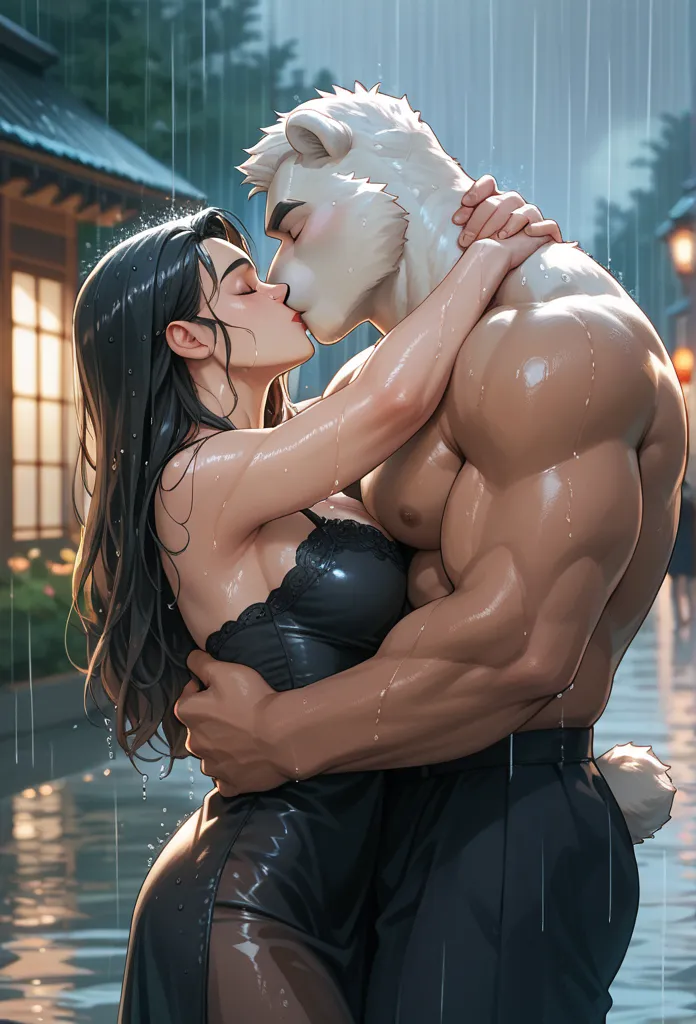 (Best quality),(materpiece), (bara),(furry),(muscular polar  bear shirtless kissing a beautiful human girl in a black dress under the rain),(wet)