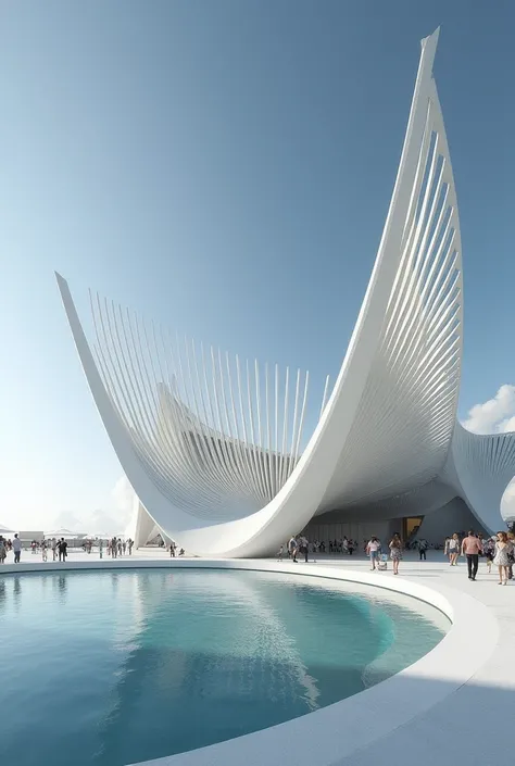 modern architecture， with organic shapes and natural inspiration at its core ，Mimicking the shape of a skeleton 、The shape of the wings， creates a fluid and elegant structure ， showcases Santiago Calatrava's iconic style。