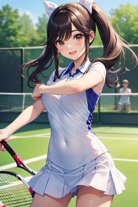 Takane Manaka, shiny brown long hair, ponytail with white ribbon, beautiful brown eyes, smiling face, sparkling pupils, (fine grain), highly detailed eyes, highly detailed face, highly detailed eyes,, (masterpiece:1.2, best quality), 1 girl, cowboy shot,, ...