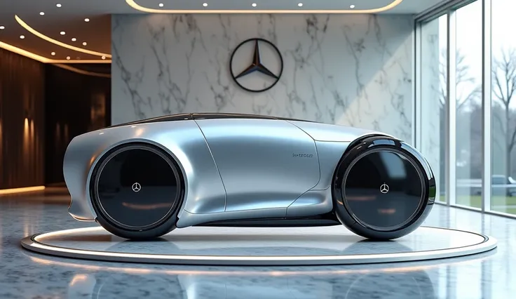 Mercedes Hypertech Motorcycle 2025 Metallic Diablo most luxury slik White in a marble circle showroom full front and side view also writen On the wall of the showroom MARCEDES 2025