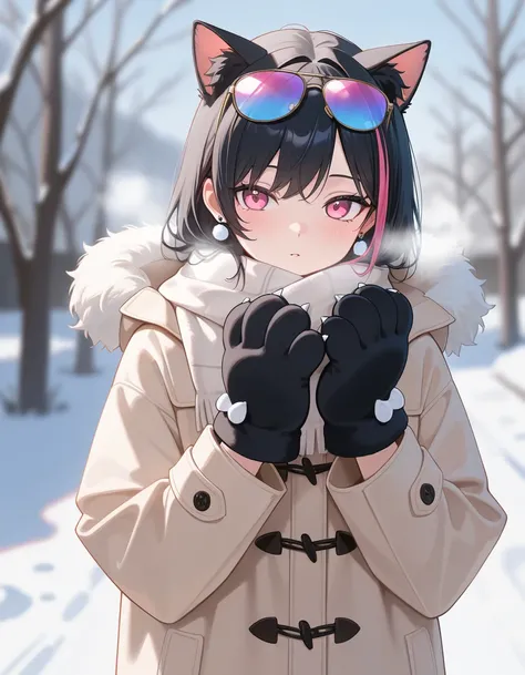  masterpiece, best quality ,  latest , of, 美丽of女性 ，Cat ears，Black Hair， pink eyes，streaked hair， colored sunglasses ，Hot girl style ，cotton coat ，scarf，snow，cat glove，winter，Earrings