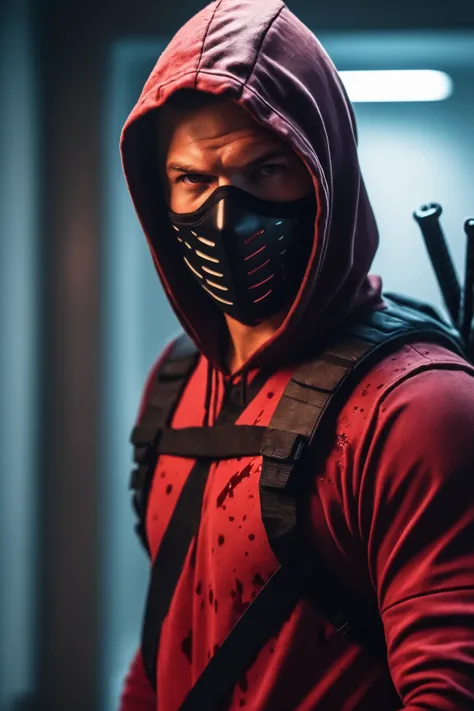 cinematic photo ((ohwx man)) , smooth soft skin, soft lighting, detailed face, concept art, digital painting, attacking pose, looking angry, wearing a sleeveless red camo latex hoodie with the capuchon off, wearing a ninja mask, as a scary fighter, carryin...