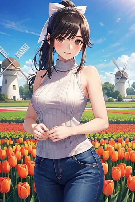 Takane Manaka, shiny brown long hair, ponytail with white ribbon, beautiful brown eyes, smiling face, sparkling pupils, (fine grain), highly detailed eyes, highly detailed face, highly detailed eyes,, (masterpiece:1.2, best quality), 1 girl, cowboy shot,, ...