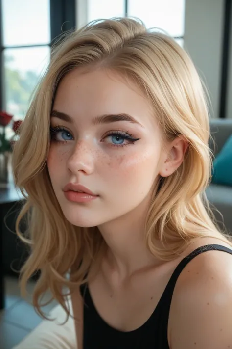 one teenager, light golden blonde loose straight medium straight parted hair with black underneath, light beige skin, blue eyes, rose lips, peach brusher, freckles eyeliner, black eyeliner