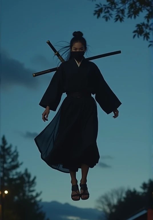 (( perfectly beautiful 20-year-old Japanese female ninja)), (((Wearing straw sandals ))), (((It's jumping 3 meters higher than the ground))), ( Masterpiece: 1.3), (8k,  by Nomi,  RAW Photo,  top quality: 1.4), sharp eyes, ((( looking at camera))), (((night...