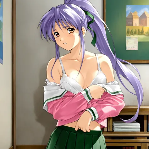 takabe,masterpiece,best quality,good quality,1girl,solo,school uniform,pink serafuku,green skirt,ownroom,cowboy_shot,looking_back,looking_at_viewer,standing,(undressing:1.4),collarbonea,partially_unbuttoned,white bra,nipple,rape