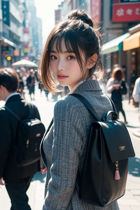 A beautiful japanese young girl with short, sleek dark brown hair and soft bangs, standing in the middle of a bustling city street during daytime. She wears a stylish school uniform consisting of a navy-blue blazer over a checkered button-up shirt, complem...