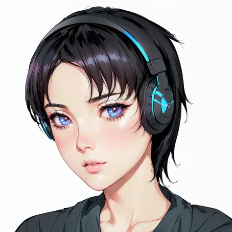 anime woman, short black hair, beautiful detailed eyes, beautiful detailed lips, extremely detailed face and skin, delicate expression, pink blush, wearing dark blue headphones, intricate hair texture, natural lighting, digital art, vibrant colors, (best q...