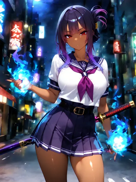 4k,ultra detailed,beam katana user,blue fire effect around body, girl,cowboy shot, dynamic,1girl,solo,BREAK,purple hair,bangs,side lock hair,folded ponytail,red eyes,tsurime,(purple hair:1.4),[(gradient hair from purple to dark purple:1.4):0.9],(dark purpl...