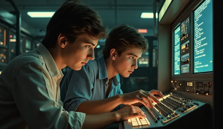 "Two age boys, Bill Gates and Paul Allen, sitting in front of a large, vintage 1968 computer, intensely typing code, their faces glowing from the screen light."