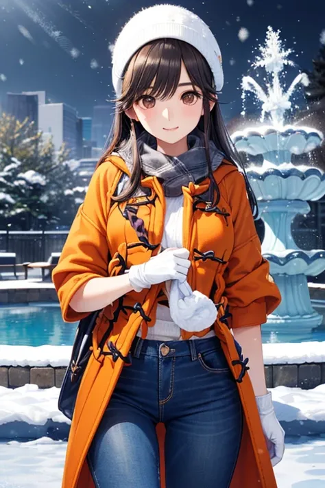 Takane Manaka, shiny brown long hair,  beautiful brown eyes, smiling face, sparkling pupils, (fine grain), highly detailed eyes, highly detailed face, highly detailed eyes,, (masterpiece:1.2, best quality), 1 girl, cowboy shot,, 


cowboy shot,




(((雪の降る...