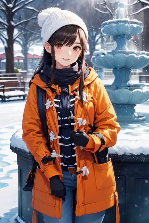 Takane Manaka, shiny brown long hair,  beautiful brown eyes, smiling face, sparkling pupils, (fine grain), highly detailed eyes, highly detailed face, highly detailed eyes,, (masterpiece:1.2, best quality), 1 girl, cowboy shot,, 


cowboy shot,




(((雪の降る...