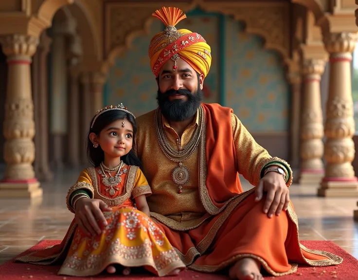 Use write colour and a creat ultra HD 4k realistic image 3D style "A rich Rajasthani merchant in traditional attire, wearing a colorful turban and a luxurious embroidered kurta, sitting in a grand haveli. His very young daughter, dressed in a vibrant Rajas...