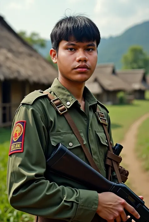 A karen soldier man he is with karen uniform he is with gun he is  in the village a bamboo house but he is has no cap with nice hair style black hair.