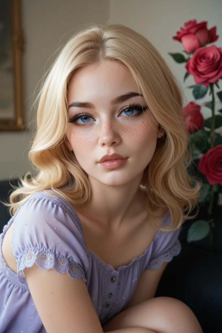 one ager, light golden blonde loose straight medium straight parted hair with black underneath, light beige skin, blue eyes, rose lips, peach brusher, freckles eyeliner, black eyeliner, portrait knee, flowers, purple clothes, galaxy