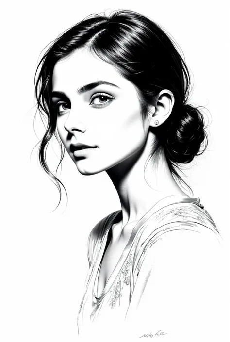 Elegant girl -Black and white -pen sketch-free brush strokes，The pen draws fine lines with smooth movements,fine ink tones,elegant gesture,calm facial expression,exquisite facial features,black and white,clean