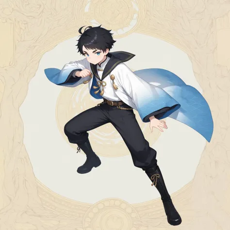 1boy ,Shinkai Nagi,bishonen,dynamic pose,slim,very short black hair, (spiky hair:0.8),swept bangs,ahoge,blue eyes, (jitome:0.7),(thick eyebrows:0.9),white haori with seigaiha patterns,black sailor collar,gold tassel,belt,pants,tights,boots,BREAK white back...