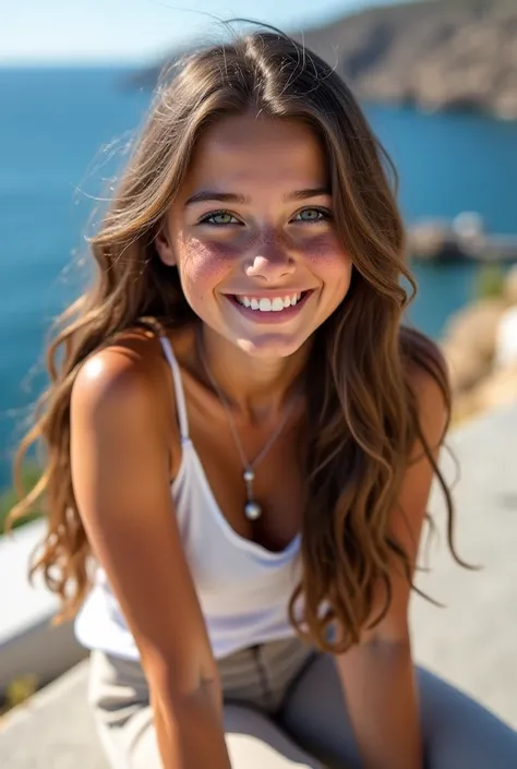 Create an image of a girl with long wavy brown hair shot the image must look real and real she has freckles, green cat eyes and a wide smile with dimples and has a white top and a bell-shaped leggings and is sitting on a bench in Greece 