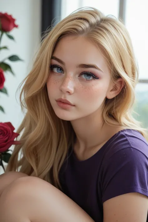 one teenager, light golden blonde loose straight medium straight parted hair with black underneath, beige skin, blue eyes, rose lips, peach brusher, freckles eyeliner, black eyeliner, portrait knee, flowers, purple clothes, galaxy