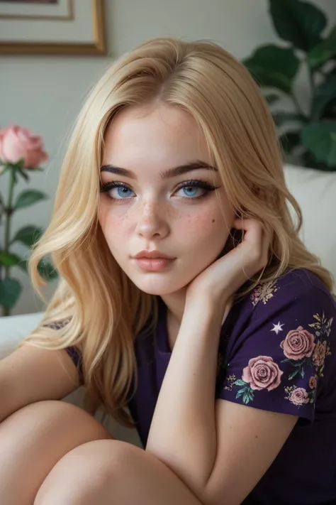 one teenager, light golden blonde loose straight medium straight parted hair with black underneath, beige skin, blue eyes, rose lips, peach brusher, freckles eyeliner, black eyeliner, portrait knee, flowers, purple clothes, galaxy