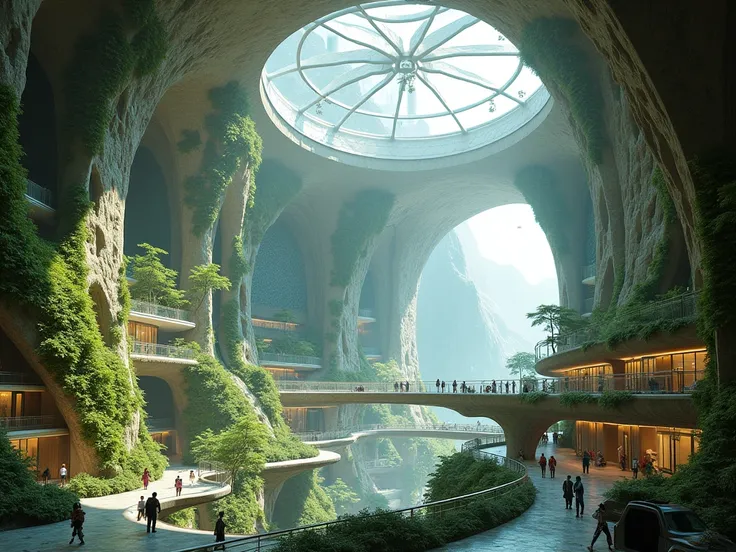 An ultra-modern underground city hidden under a mountain ,  with a transparent dome that lets in natural light and walls covered in greenery."