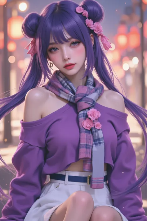 ( realistic painting style :0.9),  masterpiece,  top quality,   Very High Resolution ,  looking at viewers,  alone, Keqing (Lantern ceremony ) (Genshin Impact), Keqing (Genshin Impact),  hair burn , skirt, scarf, purple sweater, white skirt,  purple hair ,...