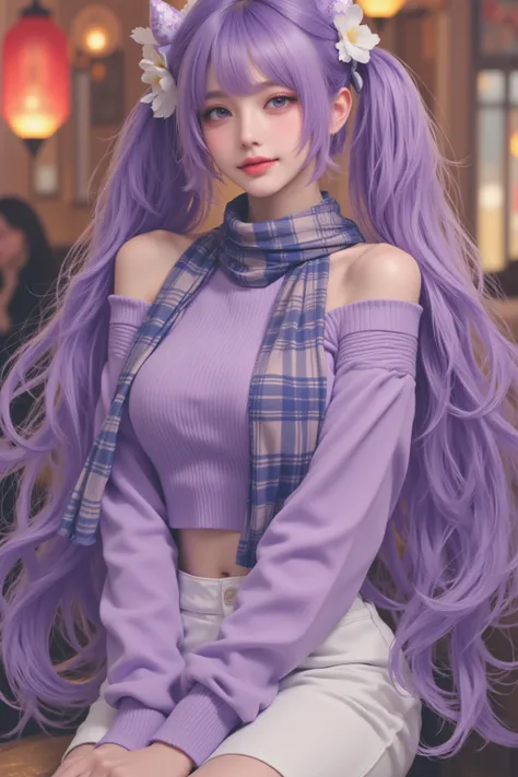 ( realistic painting style :0.9),  masterpiece,  top quality,   Very High Resolution ,  looking at viewers,  alone, Keqing (Lantern ceremony ) (Genshin Impact), Keqing (Genshin Impact),  hair burn , skirt, scarf, purple sweater, white skirt,  purple hair ,...