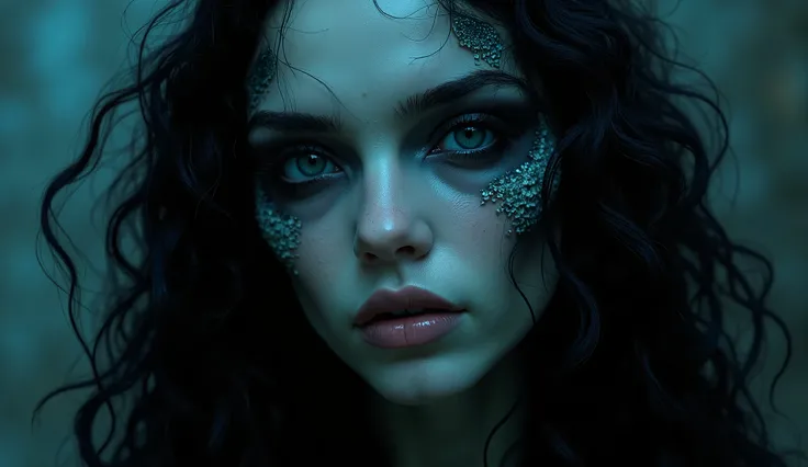 In a dark, atmospheric realm reminiscent of Hellraiser, the face of an alien queen commands attention, exuding an otherworldly allure. Her long, curly black hair frames her striking features, cascading like tendrils around her porcelain-like skin, which gl...