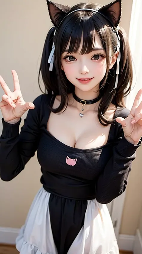       girl with cat ears,  smile,   making a heart with hands , 