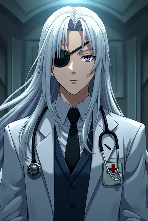 A doctor in the Hunter x Hunter universe with long silver hair wearing an eye slap