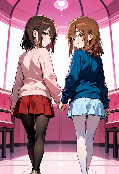 masterpiece, best quality, amazing quality, at Valentine Day, holding hands, back view, looking back, walking, 2girl, smiling, looking at viewer, brown hair, medium hair, brown eyes, girl(pink sweater with knee, red skirt, black tights, brown pumps,), girl...