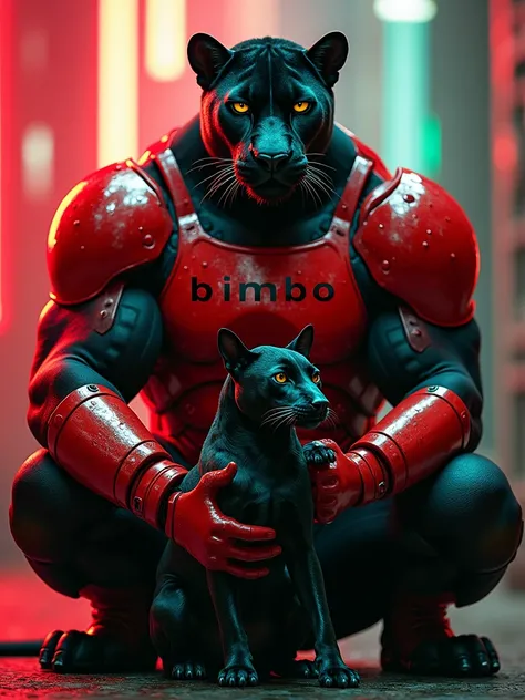 A black panther in red armor written BIMBO and with a  \n \ t sitting in a cyberpunk place with RED and green lights holding a small dog 