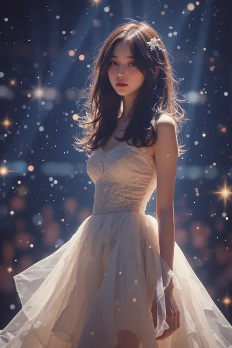  1 girl,  alone,  top quality,  masterpiece , Ruby Hoshino,  hair ornament ,  twinkling eyes, Stars in the eye , (star on right eye:1), ( dress:1.4), ( concert 1 ), On stage,