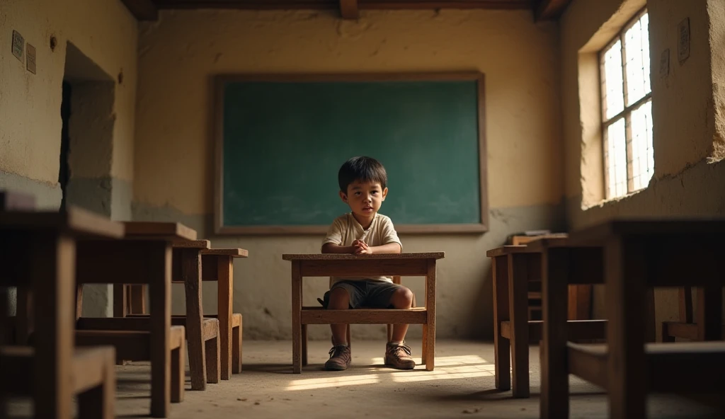 A small classroom in a rural school with minimal resources, a boy sitting on a wooden bench, studying attentively