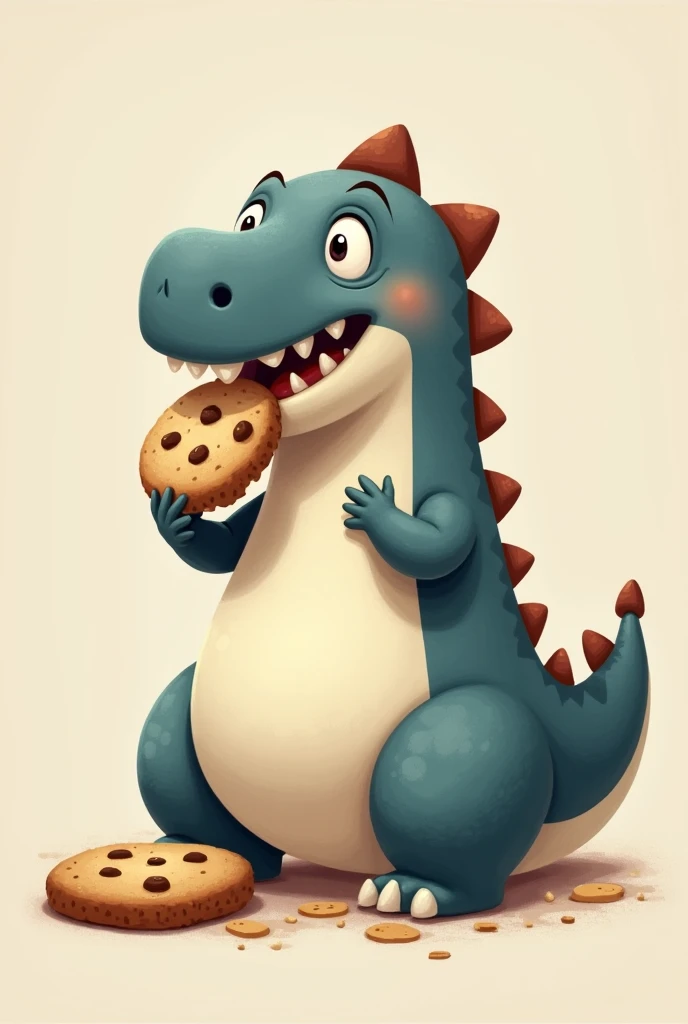 Dark blue dinosaur,  with a white belly, with few brown spines, Fat and Dwarf, short arms, Silly look,  eating cookies  