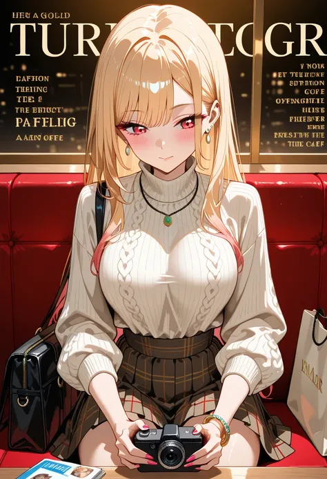 Marin Kitagawa, sitting at a stylish café booth, casually searching inside her purse with one hand, her other hand resting near the seat’s edge, gently twisting her torso, looking down into the bag with a neutral expression, body angled away from the camer...