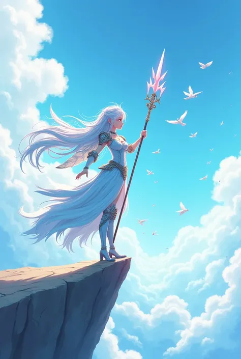 "4K anime-inspired quality, pixel art style, a graceful female Sky Voyager with light blue skin, white flowing hair, and wearing a elytra winged armor, standing on a high cliff with clouds and birds around her, holding a trident, free-spirited pose with fe...