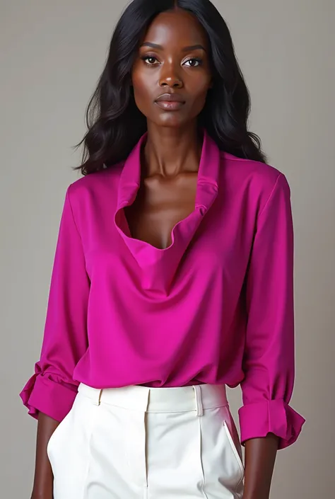 An african dark lady wearing a fuscia pink cow neckline blouse on white pant trouser