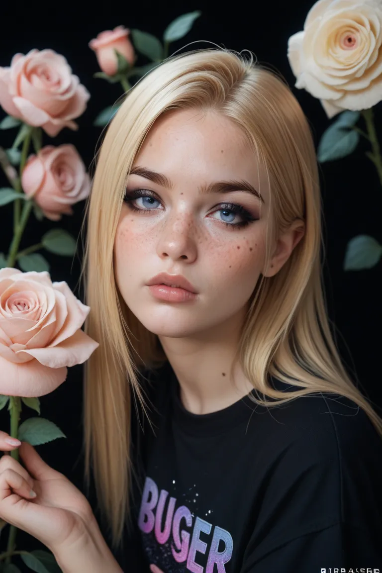 one ager, light golden blonde loose straight medium straight parted hair with black underneath, beige skin, blue eyes, rose lips, peach brusher, freckles eyeliner, black eyeliner, flowers, purple clothes, galaxy