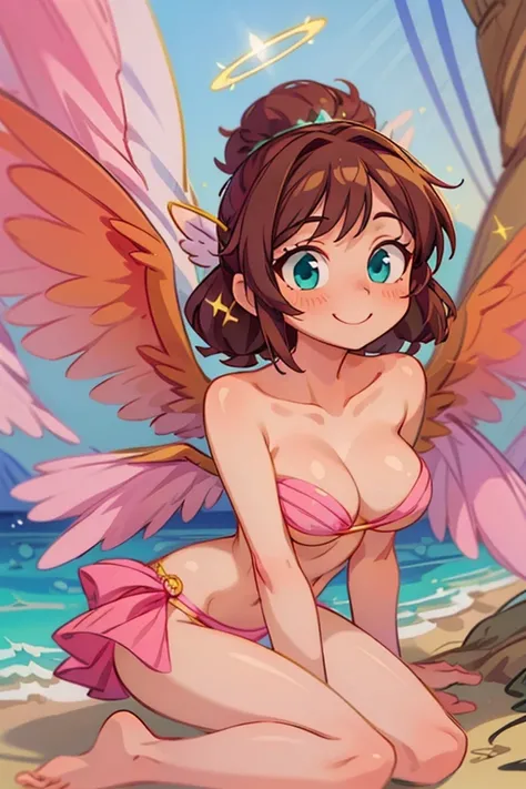 (masterpiece, best quality) cute anime angel girl, Brown hair, delicate angel wings, barefoot, sexy smiling, sexy pose, coquette, beautiful long legs, mature girl, gorgeous body, pronounced breasts, in the beach sea, intricate details and sunlight, etherea...