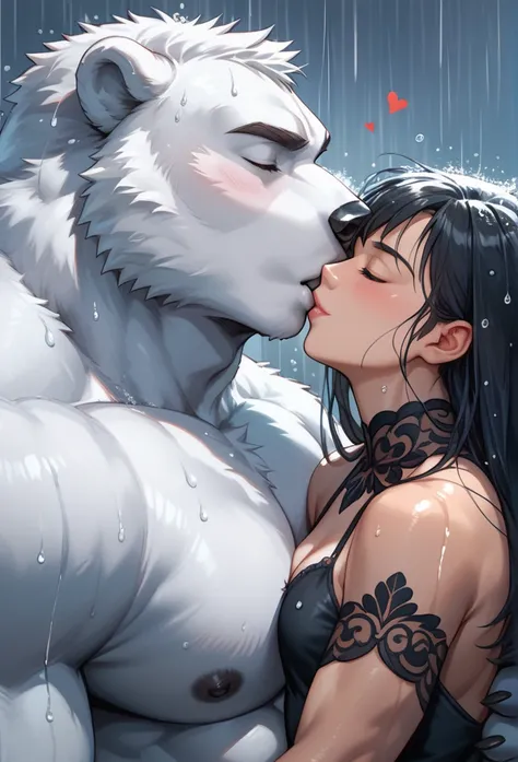 (Best quality),(materpiece), (bara),(furry),(muscular giant polar bear and a beautiful smaller human girl in black dress),(shirtless polar bear furry),(heartbeakingly kissing under the rain),(close shot)