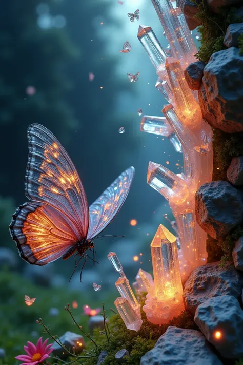 " artistic vision , showing the fusion of butterflies and crystal caves . On the left,  A vibrant butterfly ，An intricate  ,  The glowing pattern on its wings flies on the grass . right,  A crystal cave shimmers with light ， The light passes through uneven...