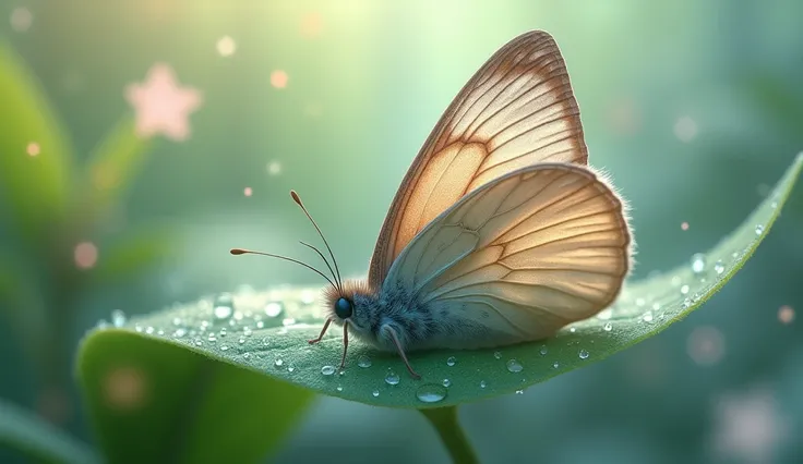 Calming close-up of a sleeping butterfly on a leaf, dewdrops around it, in soft pastel colors