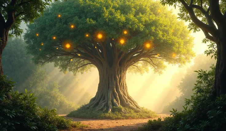  The majestic Tree of Knowledge of Good and Evil at the center of the Garden of Eden. Its bright fruits attract attention ,  as rays of light penetrate the leaves .  The environment transmits a mixture of beauty and mystery .  The image is colored with sof...