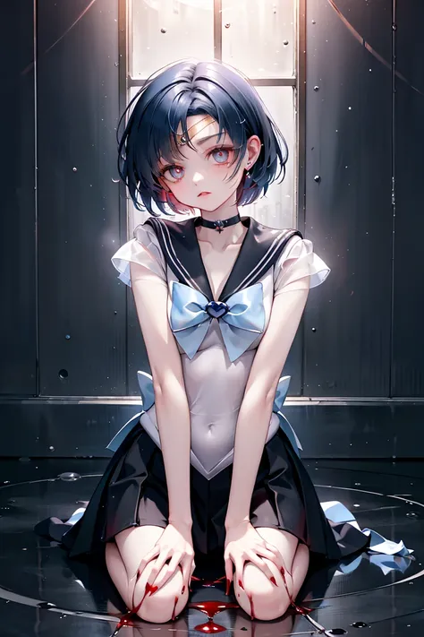   top quality、  Hi-Res、  Dark Fantasy Art 。   in a corner of the enemy organization's dimly lit research facility   、 are abducted and brainwashed、 Justice Warrior Sailor Mercury became Dark Sailor Mercury, the warrior of the Evil Organization、 sitting on ...